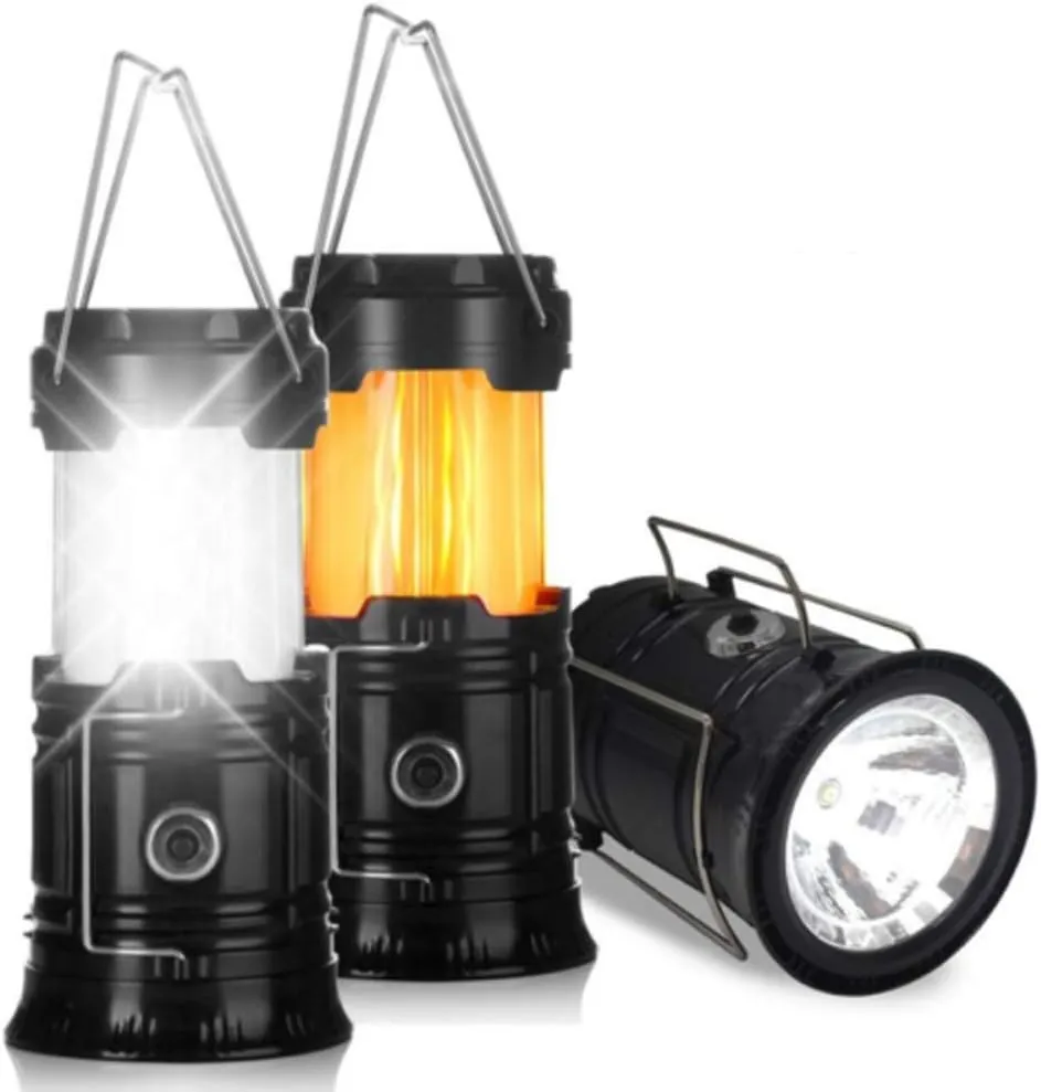 3-in-1 Camping Lantern Portable Outdoor LED Flame Lantern Flashlights Solar Camping Lantern (Black)