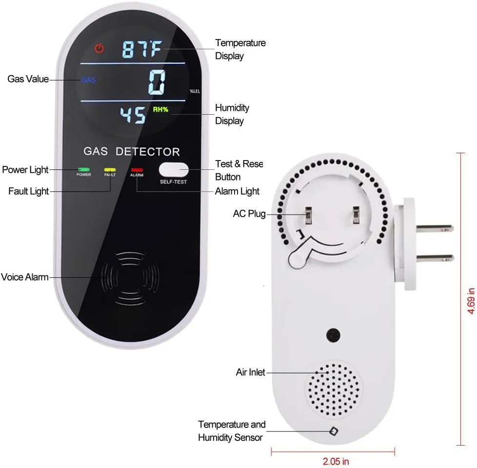3-in-1 Combustible Gas Detector with Temperature and Humidity Display, Plug-in Portable Combustible Gas Leak Alarm，Natural Propane Gas Detector for Kitchen，Living Room，Bedroom.