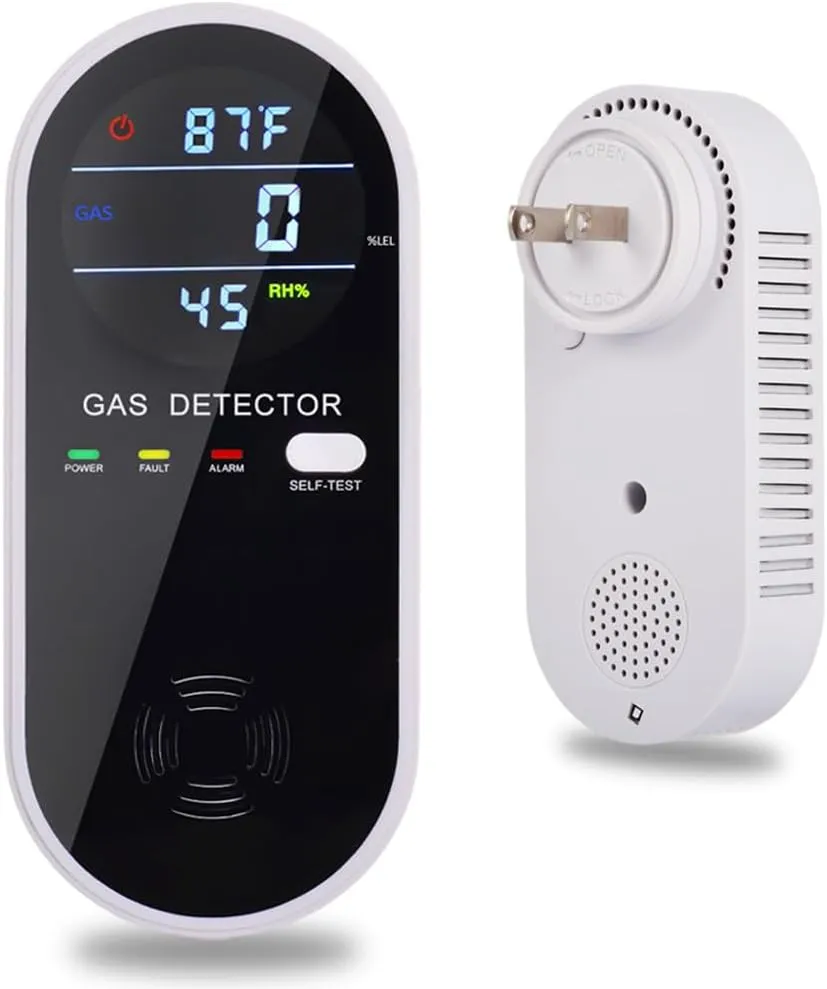 3-in-1 Combustible Gas Detector with Temperature and Humidity Display, Plug-in Portable Combustible Gas Leak Alarm，Natural Propane Gas Detector for Kitchen，Living Room，Bedroom.