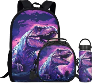 3 Pcs Dinosaur Backpack Set for Boys,17 Inch School Bag for Elementary Kids Lightweight Bookbag for 5-9T Children Book Bags with Water Bottle Lunch Box for Girls