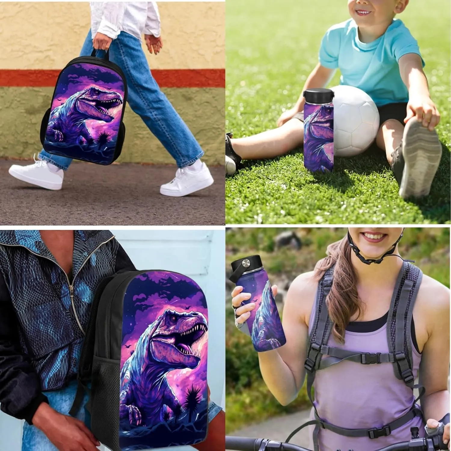 3 Pcs Dinosaur Backpack Set for Boys,17 Inch School Bag for Elementary Kids Lightweight Bookbag for 5-9T Children Book Bags with Water Bottle Lunch Box for Girls