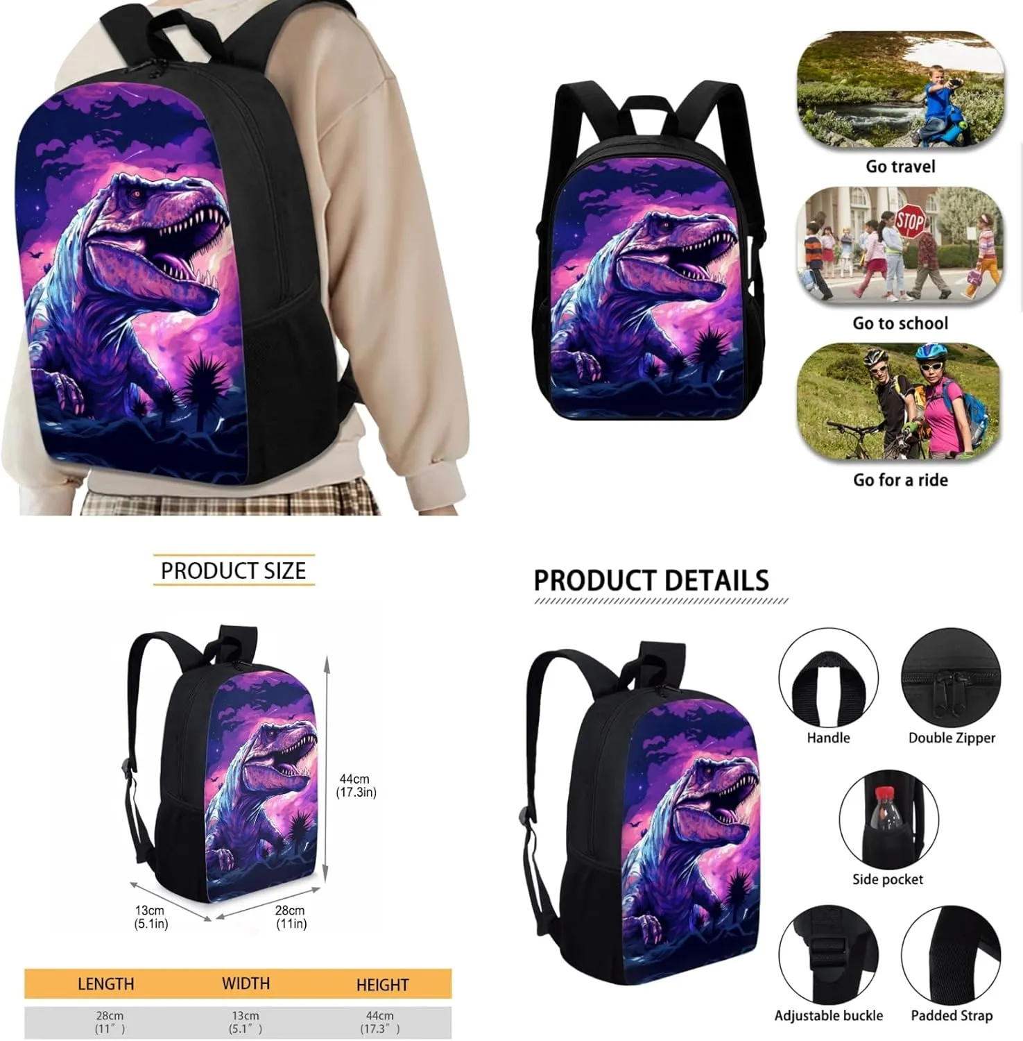 3 Pcs Dinosaur Backpack Set for Boys,17 Inch School Bag for Elementary Kids Lightweight Bookbag for 5-9T Children Book Bags with Water Bottle Lunch Box for Girls