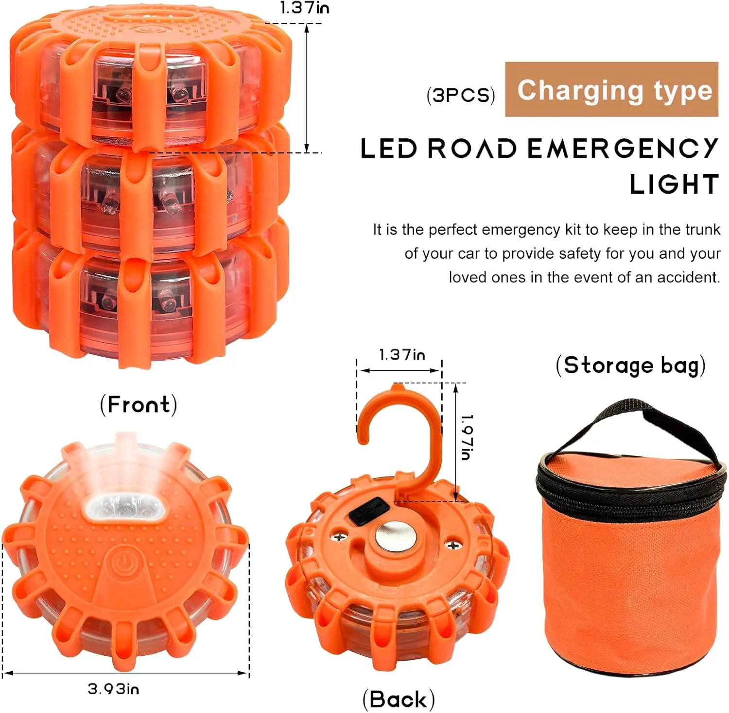 3 PCS LED Road Flares, Flashing Warning Light Emergency Disc Beacon with Magnetic Base & Hook, 9 Flash Modes Roadside Flare Safety Light for Most Vehicles, Car Accessories (Rechargeable)