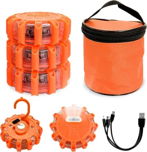 3 PCS LED Road Flares, Flashing Warning Light Emergency Disc Beacon with Magnetic Base & Hook, 9 Flash Modes Roadside Flare Safety Light for Most Vehicles, Car Accessories (Rechargeable)