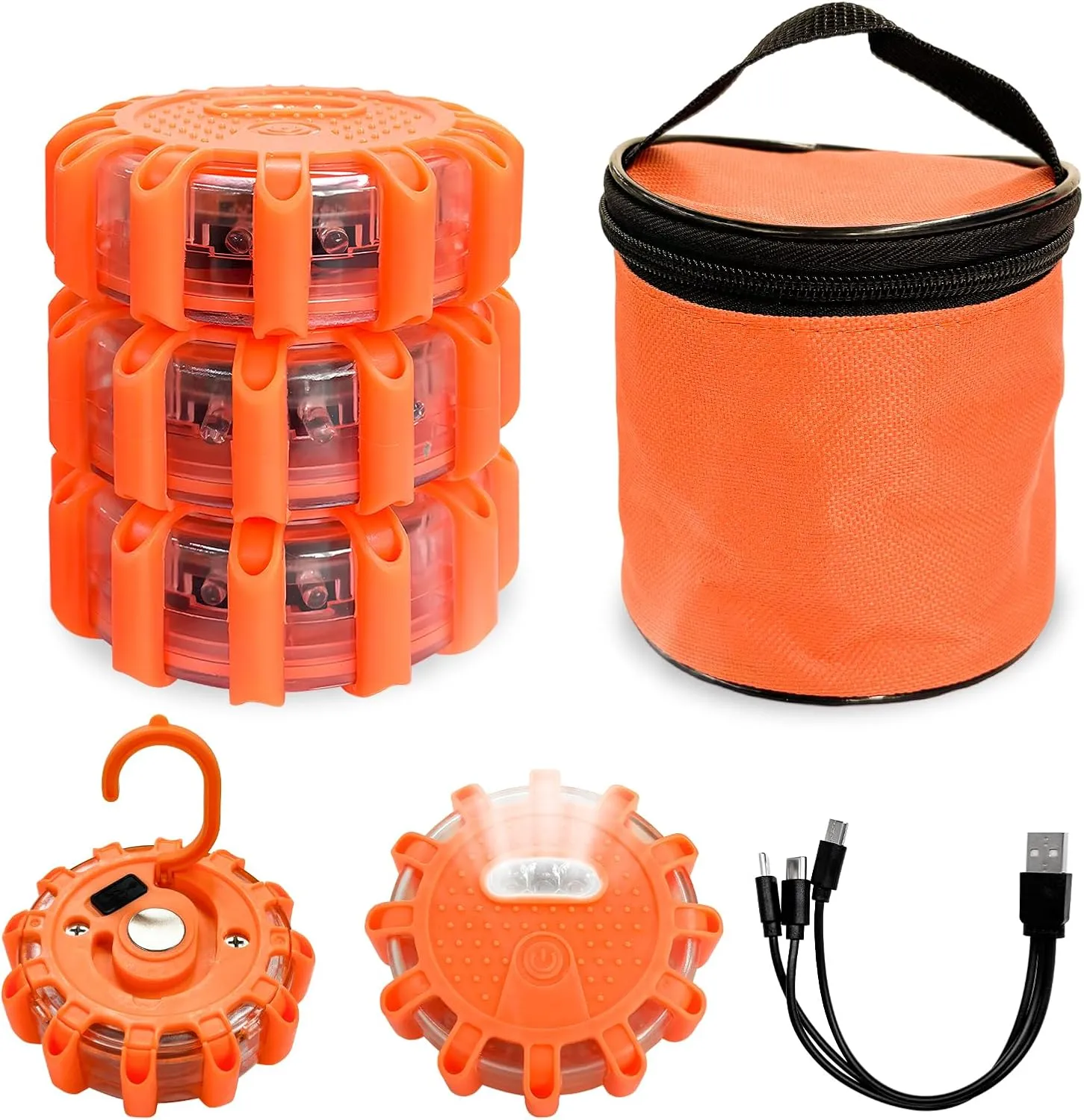 3 PCS LED Road Flares, Flashing Warning Light Emergency Disc Beacon with Magnetic Base & Hook, 9 Flash Modes Roadside Flare Safety Light for Most Vehicles, Car Accessories (Rechargeable)
