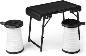 3 Pieces Folding Camping Table Stool Set, Portable Lightweight Camping Foldable Table with 2 Retractable LED Stools for Camp Picnic Beach Fishing, Black   White