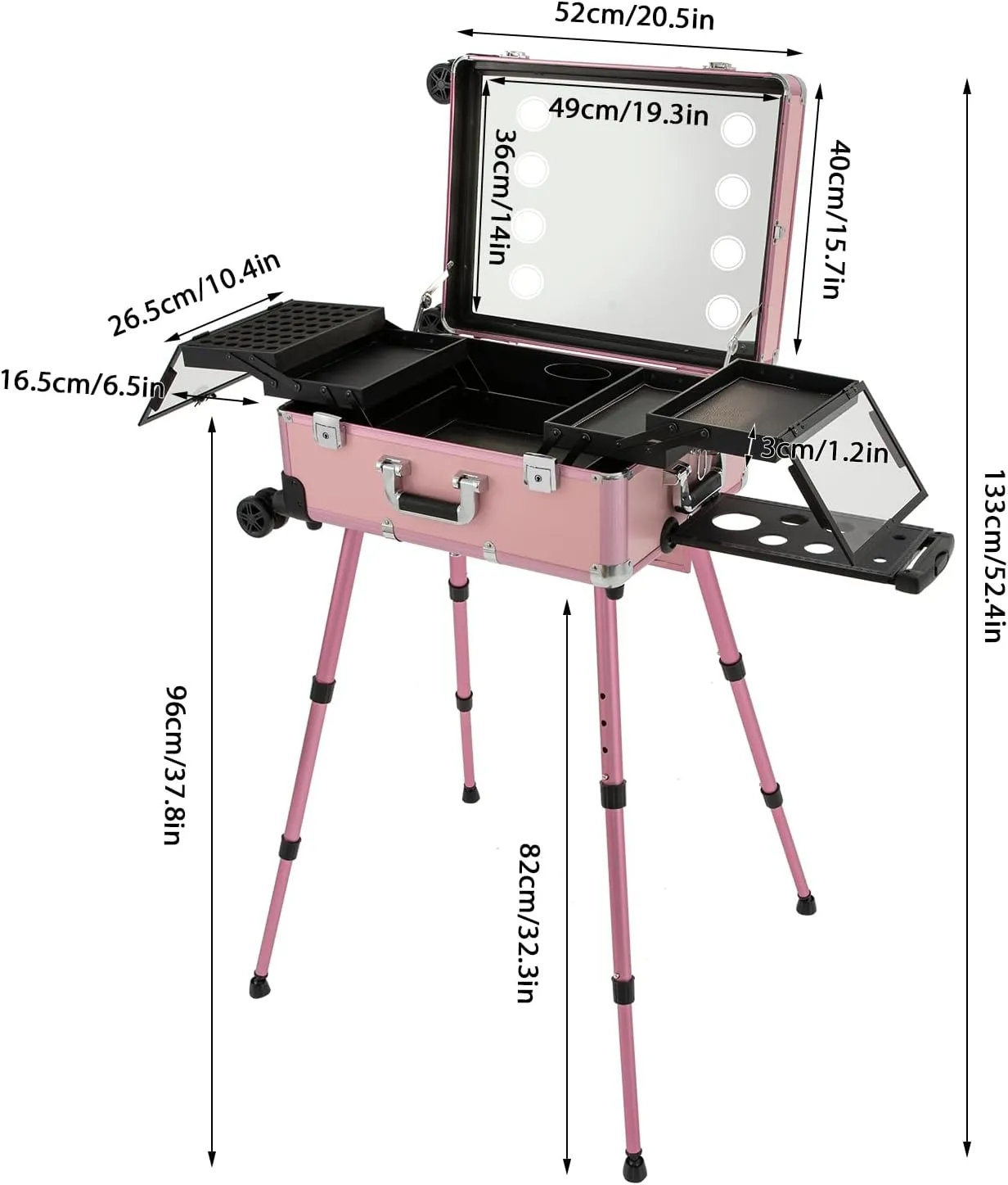 3-Tier Rolling Makeup Train Case, Aluminum Salon Cosmetic Trolley Organizer with LED Light & Mirror & 4 Wheels Adjustable Height Professional Large Storage Travel Beauty Luggage Pink
