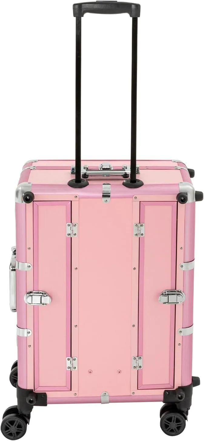 3-Tier Rolling Makeup Train Case, Aluminum Salon Cosmetic Trolley Organizer with LED Light & Mirror & 4 Wheels Adjustable Height Professional Large Storage Travel Beauty Luggage Pink