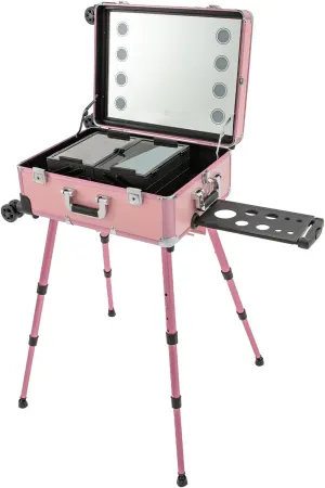 3-Tier Rolling Makeup Train Case, Aluminum Salon Cosmetic Trolley Organizer with LED Light & Mirror & 4 Wheels Adjustable Height Professional Large Storage Travel Beauty Luggage Pink