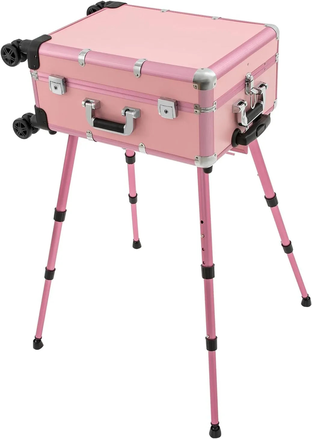3-Tier Rolling Makeup Train Case, Aluminum Salon Cosmetic Trolley Organizer with LED Light & Mirror & 4 Wheels Adjustable Height Professional Large Storage Travel Beauty Luggage Pink