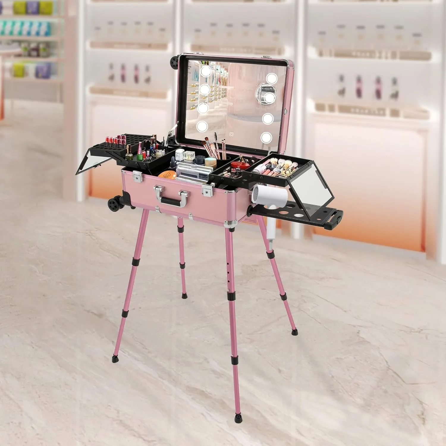 3-Tier Rolling Makeup Train Case, Aluminum Salon Cosmetic Trolley Organizer with LED Light & Mirror & 4 Wheels Adjustable Height Professional Large Storage Travel Beauty Luggage Pink