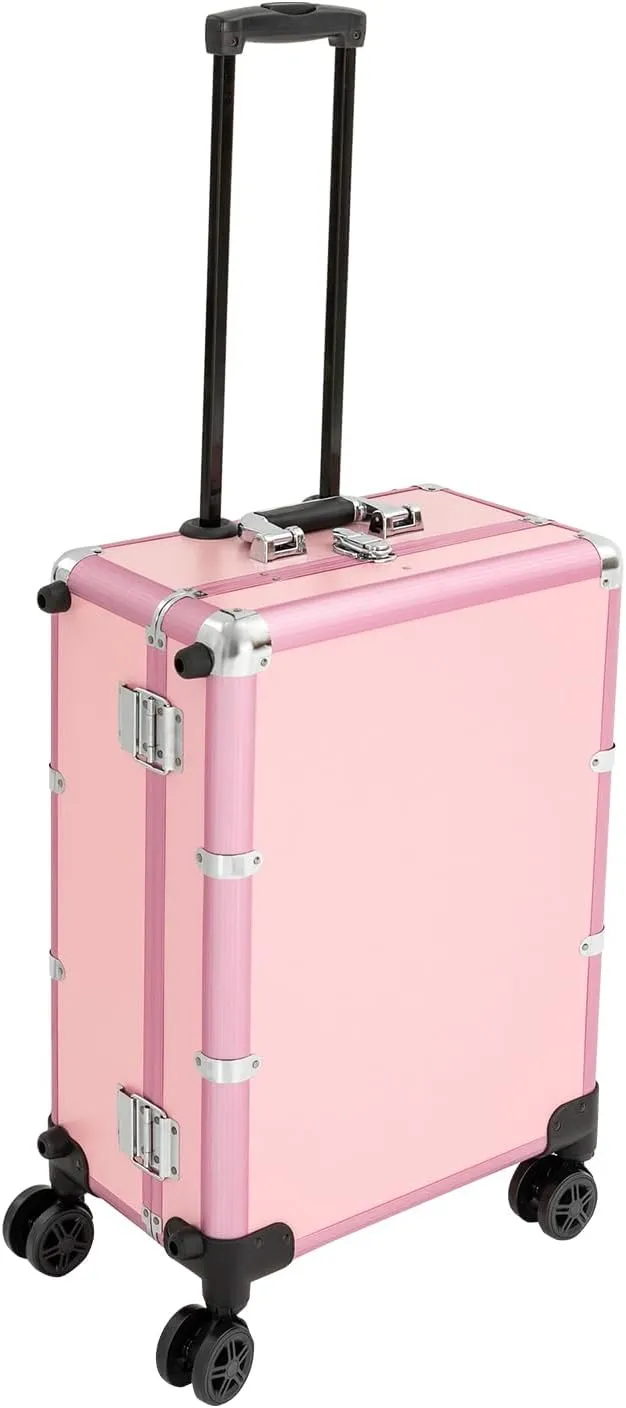 3-Tier Rolling Makeup Train Case, Aluminum Salon Cosmetic Trolley Organizer with LED Light & Mirror & 4 Wheels Adjustable Height Professional Large Storage Travel Beauty Luggage Pink