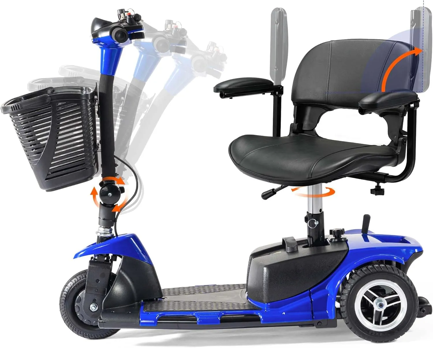 3 Wheel Mobility Scooters for Adults, Electric Powered Mobile Wheelchair Medical Aid, Folding Collapsible Compact for Travel, Seniors, Adults, Long Range Battery with Charger Basket Included (Blue)