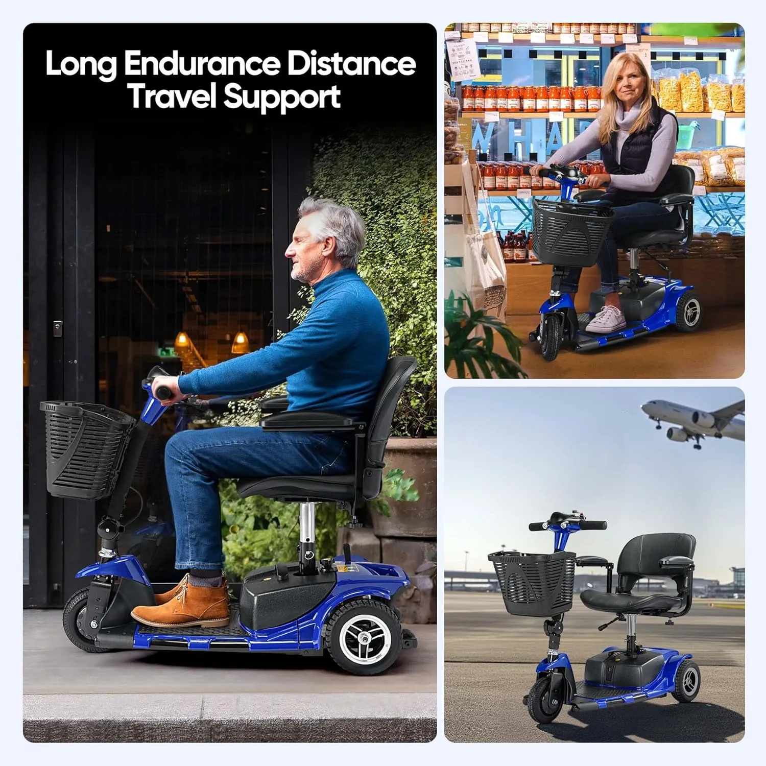 3 Wheel Mobility Scooters for Adults, Electric Powered Mobile Wheelchair Medical Aid, Folding Collapsible Compact for Travel, Seniors, Adults, Long Range Battery with Charger Basket Included (Blue)