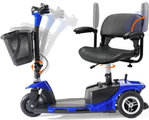3 Wheel Mobility Scooters for Adults, Electric Powered Mobile Wheelchair Medical Aid, Folding Collapsible Compact for Travel, Seniors, Adults, Long Range Battery with Charger Basket Included (Blue)