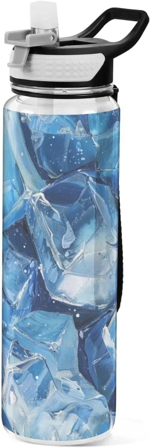 30 oz Blue Transparent Ice Cubes Sport Water Bottles Tritan BPA-Free non toxic Jug Water Bottle for Hiking Sports Collapsible