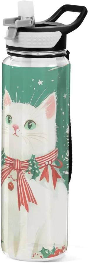 30 oz Cartoon cute white Christmas cat Modern Water Bottle Tritan Clear BPA Free non toxic Large Water Jug with Spout for Unique Travelling Collapsible
