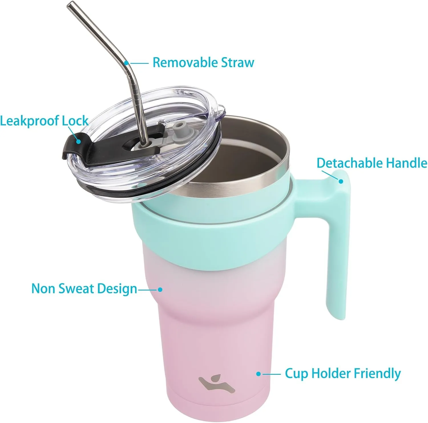 30 oz Tumbler with Handle and 2 Straw 2 Lid, Insulated Water Bottle Stainless Steel Vacuum Cup Reusable Travel Mug,Gum