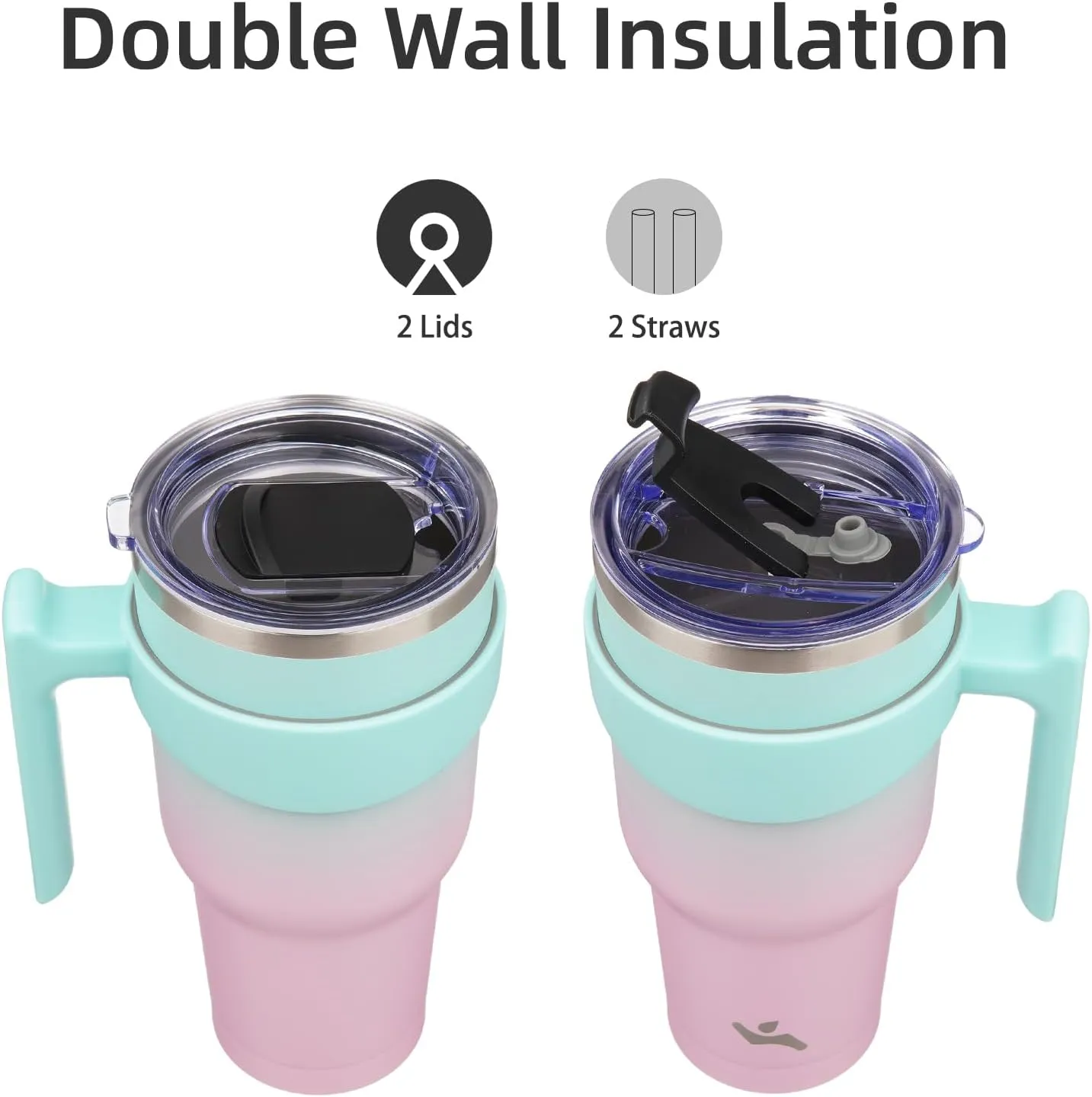 30 oz Tumbler with Handle and 2 Straw 2 Lid, Insulated Water Bottle Stainless Steel Vacuum Cup Reusable Travel Mug,Gum