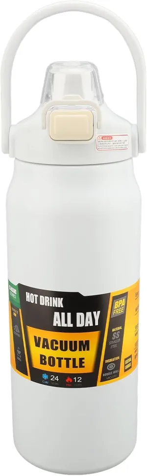 304 Stainless Steel Insulated Water Bottle 1.5L, 1500ml Straw Lid Handle Reusable Wide Mouth Vacuum Bottle for Gym Fitness (White)