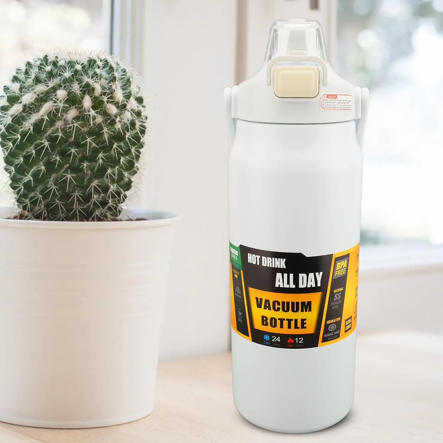 304 Stainless Steel Insulated Water Bottle 1.5L, 1500ml Straw Lid Handle Reusable Wide Mouth Vacuum Bottle for Gym Fitness (White)