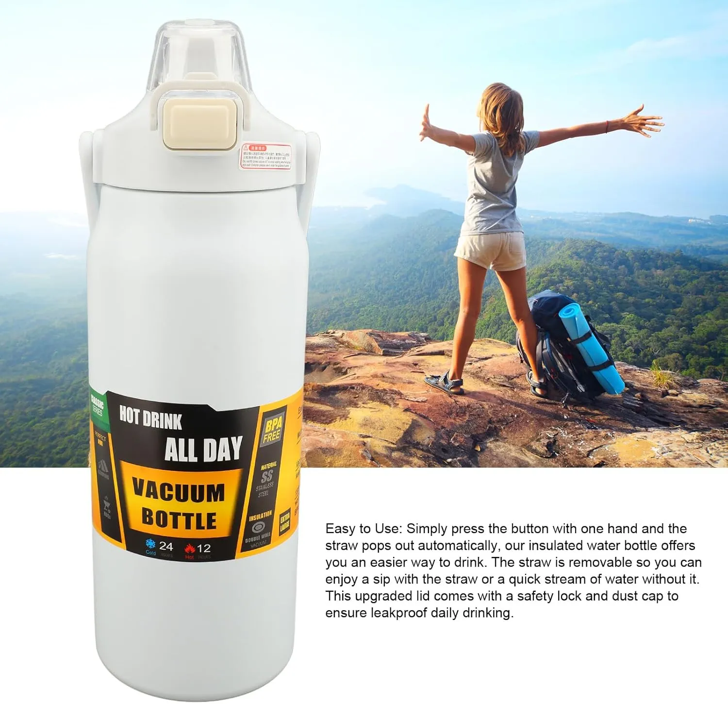 304 Stainless Steel Insulated Water Bottle 1.5L, 1500ml Straw Lid Handle Reusable Wide Mouth Vacuum Bottle for Gym Fitness (White)