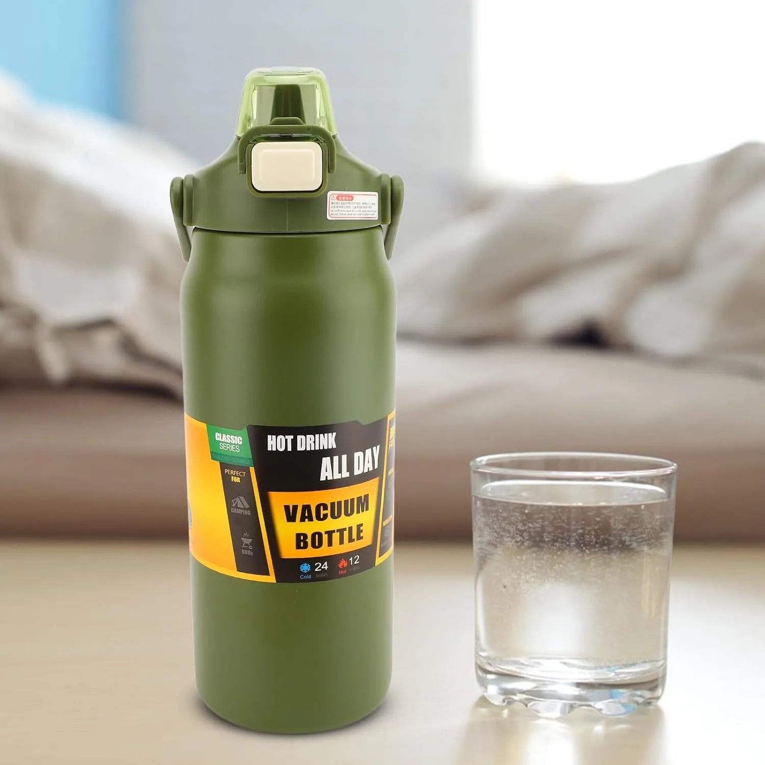 304 Stainless Steel Insulated Water Bottle 1.5L, Straw Lid Handle Reusable Wide Mouth Vacuum Bottle for Gym Fitness (Dark Green)