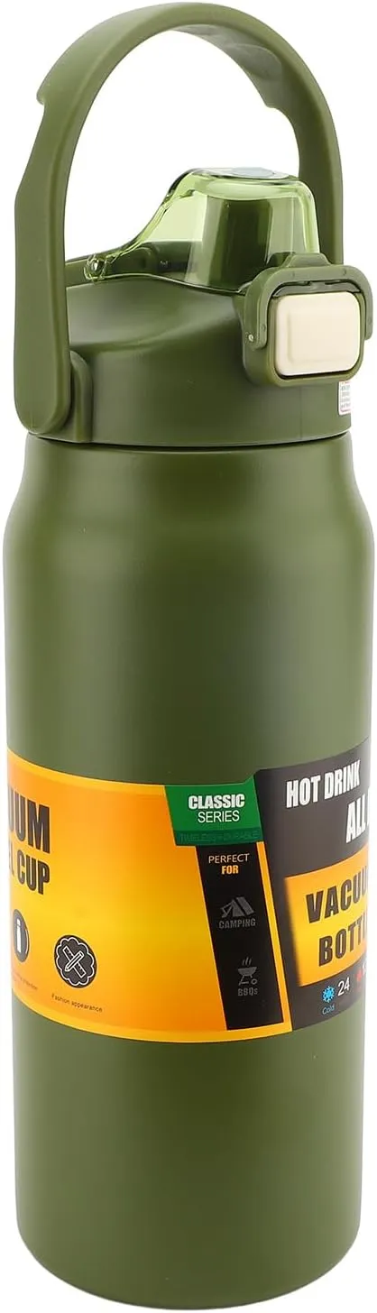 304 Stainless Steel Insulated Water Bottle 1.5L, Straw Lid Handle Reusable Wide Mouth Vacuum Bottle for Gym Fitness (Dark Green)