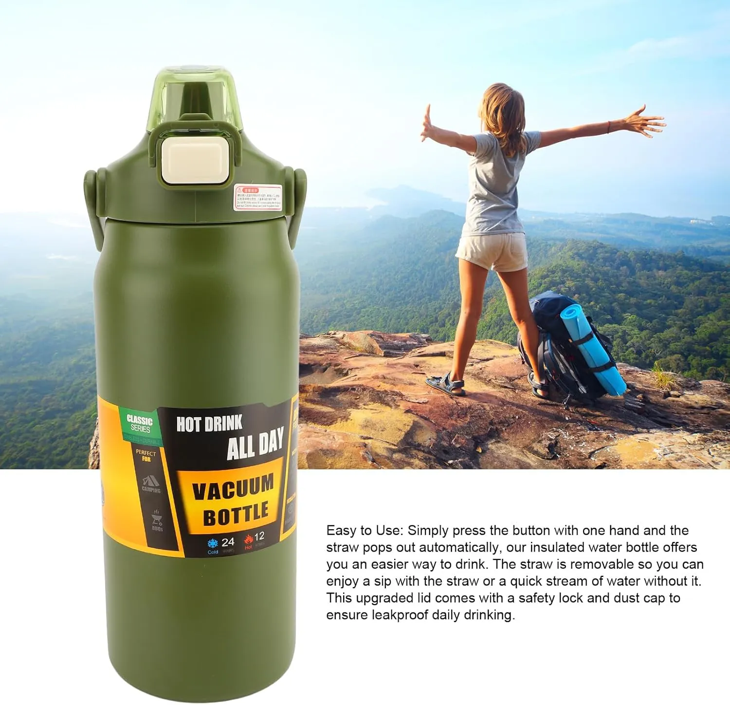 304 Stainless Steel Insulated Water Bottle 1.5L, Straw Lid Handle Reusable Wide Mouth Vacuum Bottle for Gym Fitness (Dark Green)