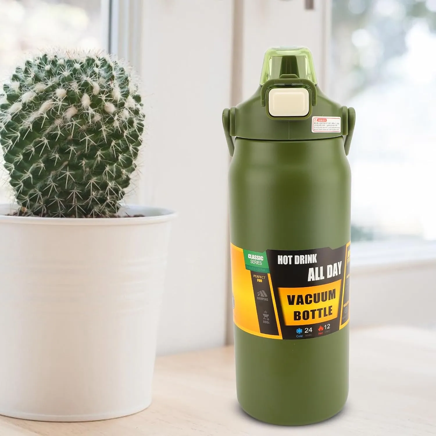 304 Stainless Steel Insulated Water Bottle 1.5L, Straw Lid Handle Reusable Wide Mouth Vacuum Bottle for Gym Fitness (Dark Green)
