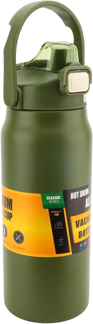 304 Stainless Steel Insulated Water Bottle 1.5L, Straw Lid Handle Reusable Wide Mouth Vacuum Bottle for Gym Fitness (Dark Green)
