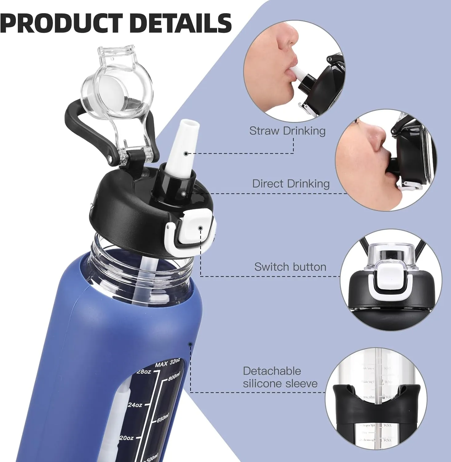 32 oz Glass Water Bolttles with Straw Large Motivational Water Bottle with Time Marker Sports Water Bottles with Silicone Sleeve and Handle Lid Water Jug for Gym Workout