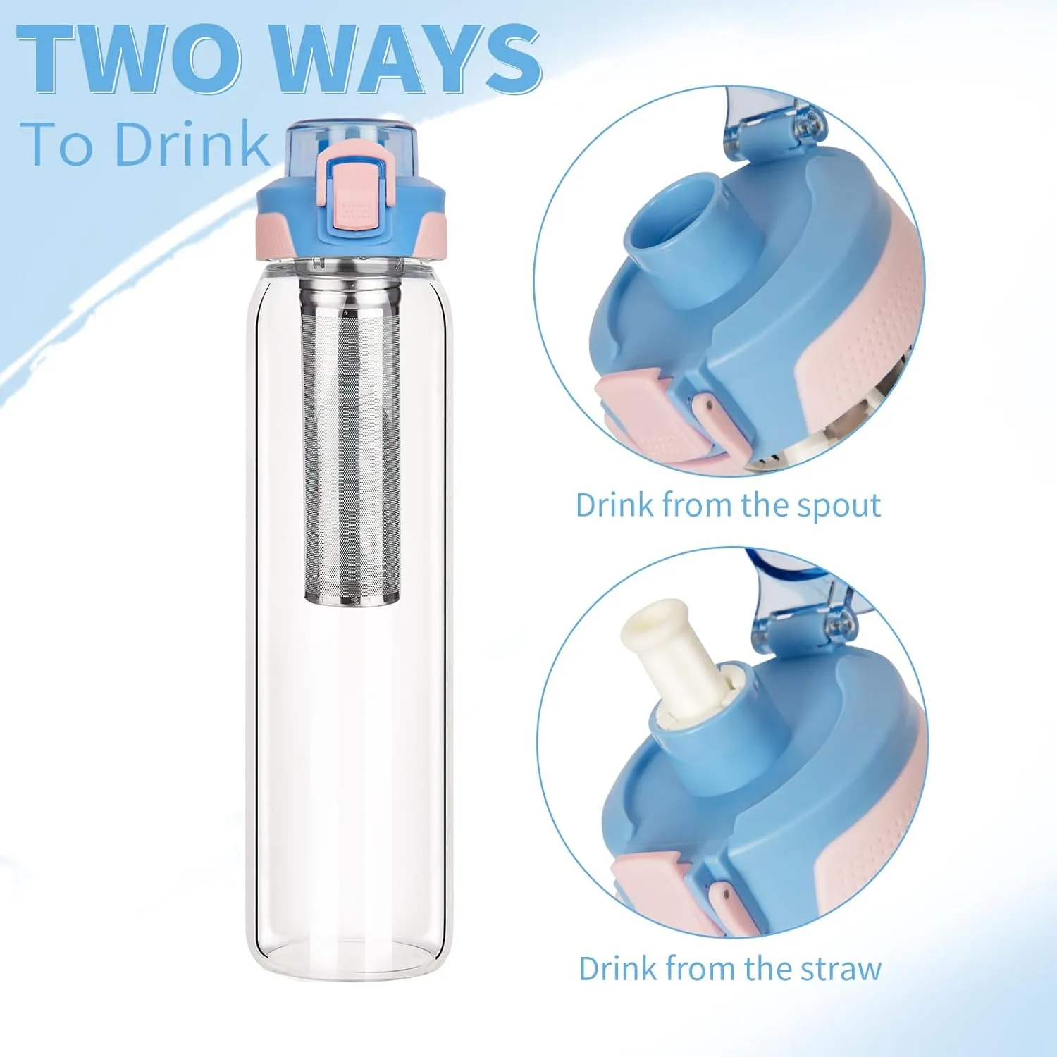 32 oz Leakproof Glass Water Bottle With Straw, Infuser & Strainer - Borosilicate Tea Tumbler With Neoprene Sleeve for Loose Leaf Tea, Cold Brew Coffee, Fruit Infused