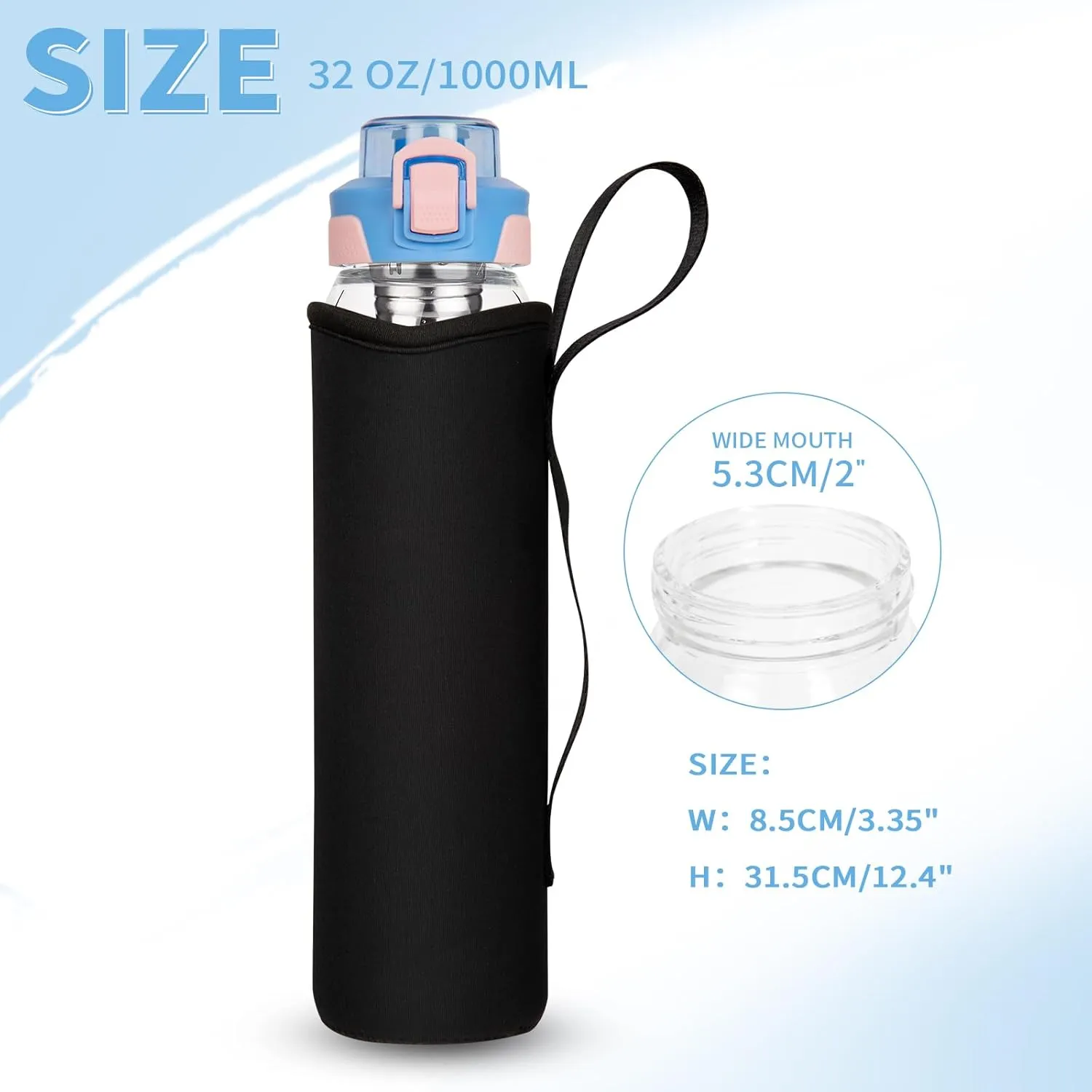 32 oz Leakproof Glass Water Bottle With Straw, Infuser & Strainer - Borosilicate Tea Tumbler With Neoprene Sleeve for Loose Leaf Tea, Cold Brew Coffee, Fruit Infused