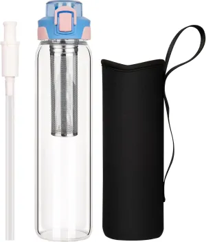 32 oz Leakproof Glass Water Bottle With Straw, Infuser & Strainer - Borosilicate Tea Tumbler With Neoprene Sleeve for Loose Leaf Tea, Cold Brew Coffee, Fruit Infused