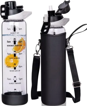 32 oz Sports Glass Water Bottle with Straw and Time Marker, Large Resuable Motivational Glass Drinking Bottle for Infused Water, Fruit, Smoothie, Coffee