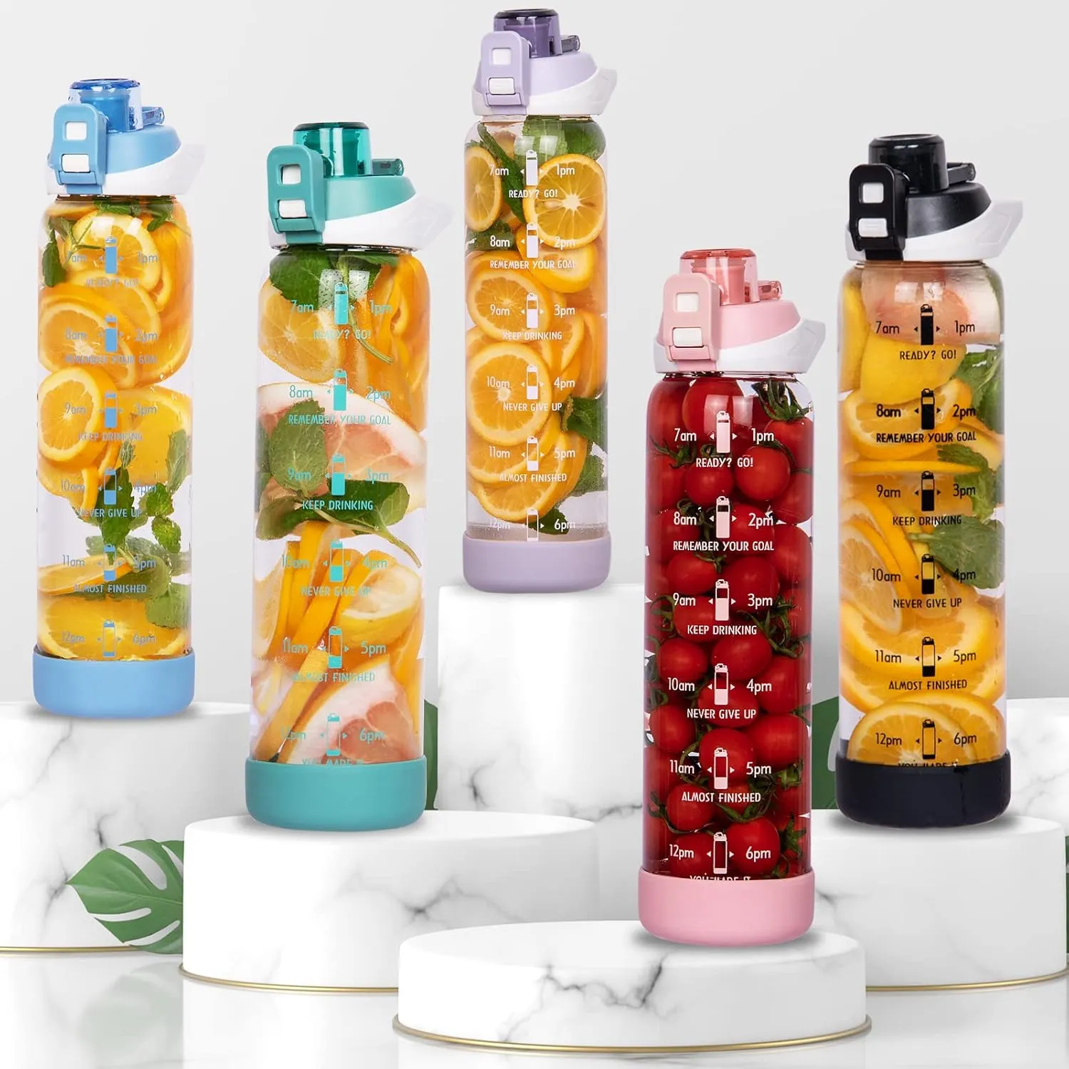 32 oz Sports Glass Water Bottle with Straw and Time Marker, Large Resuable Motivational Glass Drinking Bottle for Infused Water, Fruit, Smoothie, Coffee