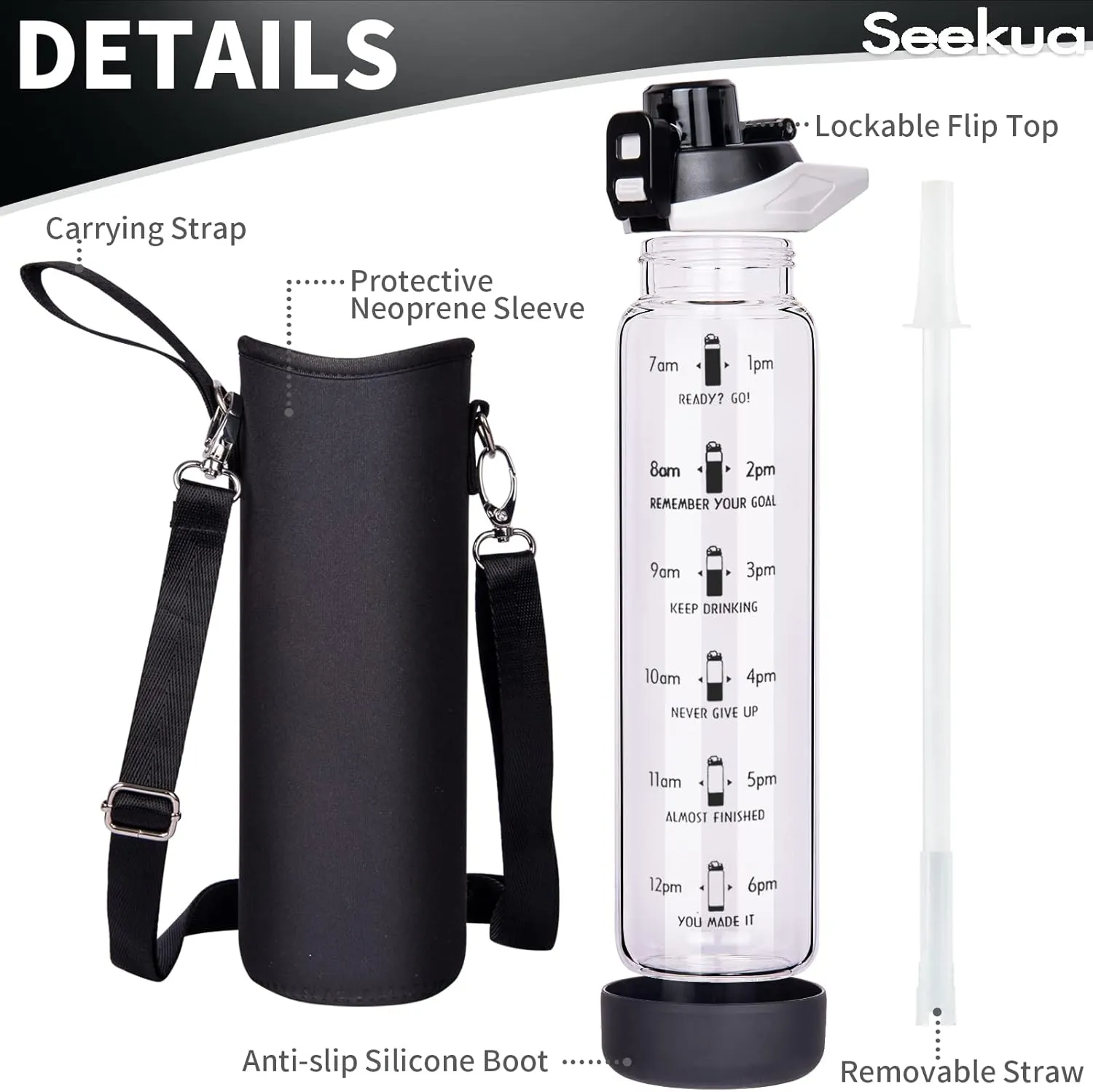 32 oz Sports Glass Water Bottle with Straw and Time Marker, Large Resuable Motivational Glass Drinking Bottle for Infused Water, Fruit, Smoothie, Coffee