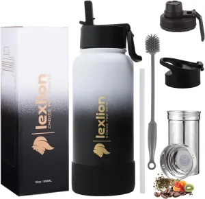 32 Oz Triple Walled Insulated Stainless Steel Fruit Infuser Water Bottle, Leakproof, 3 Lids, Infuser, Silicone Sleeve