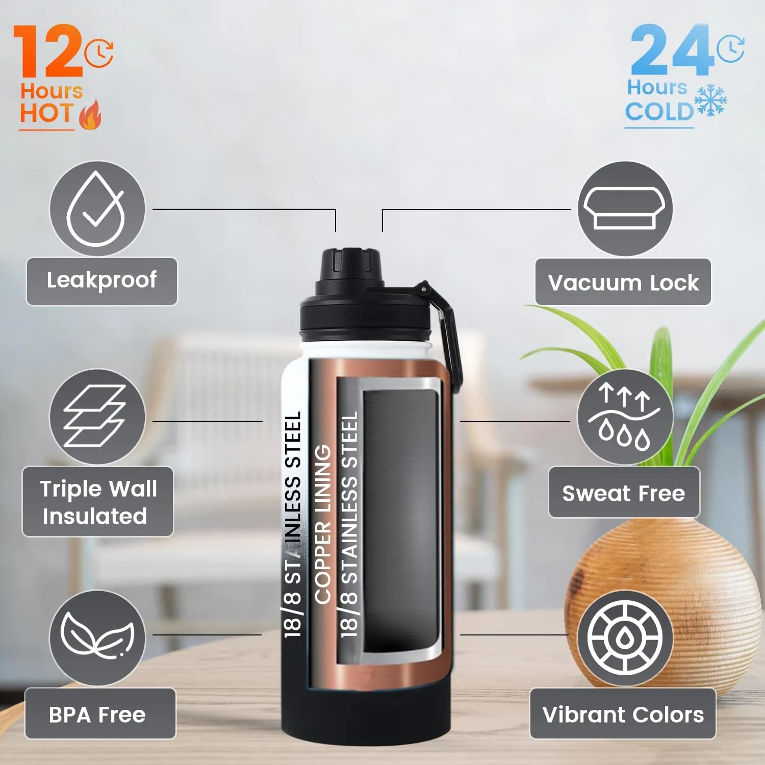 32 Oz Triple Walled Insulated Stainless Steel Fruit Infuser Water Bottle, Leakproof, 3 Lids, Infuser, Silicone Sleeve