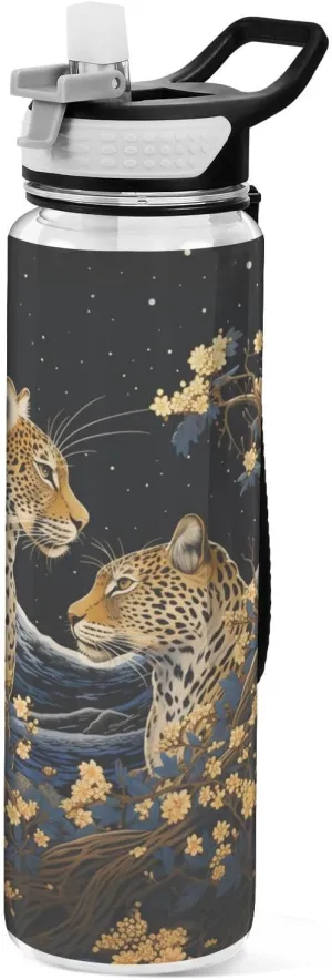 32 oz Water Bottle with Straw Tritan BPA Free Jungle Animal Leopard with Flowers Sports Water Bottle with Carry Handle LeakProof Perfect for Travel School Gym Fitness Outdoor