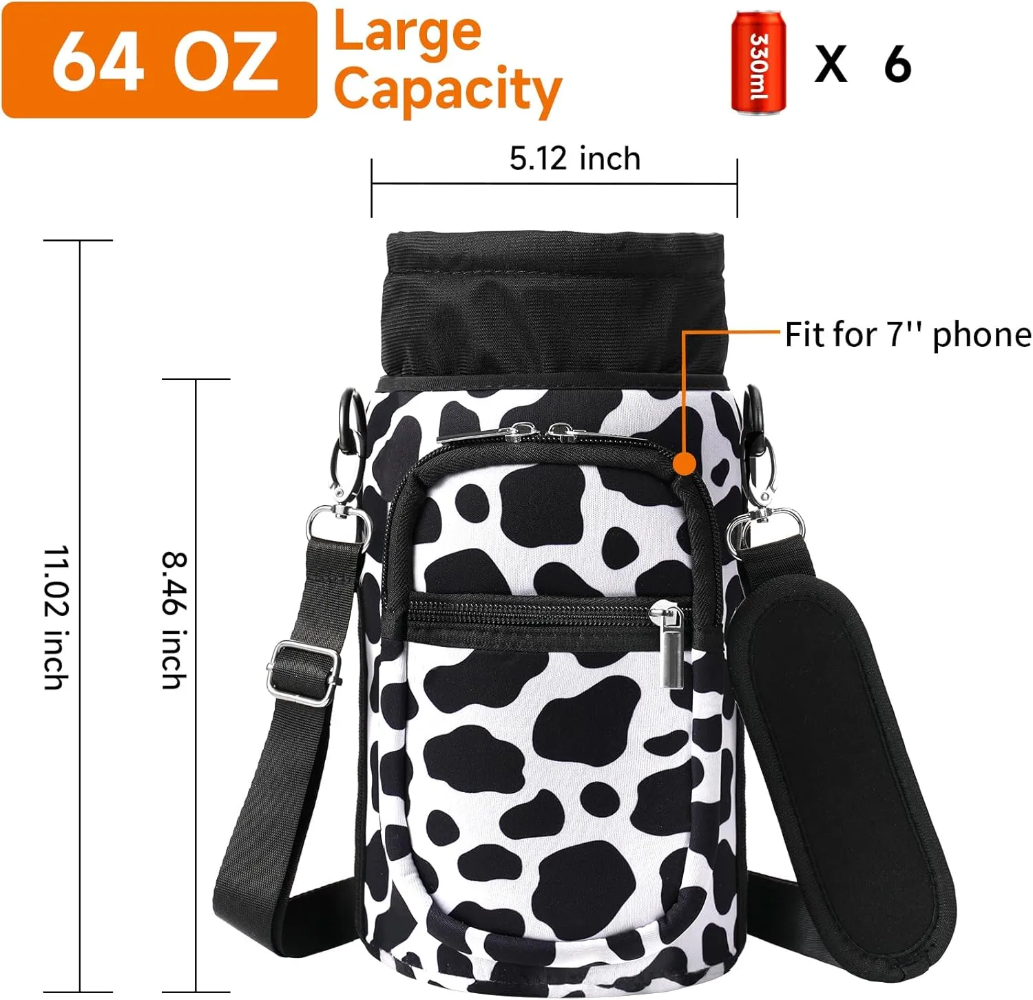 32/40/64/128 oz Neoprene Insulated Water Bottle Carrier Bag, Sling Bag Sleeve Pouch Holder with Strap & Paracord Handle and 2 Pocket for Travelling, Hiking, Camping