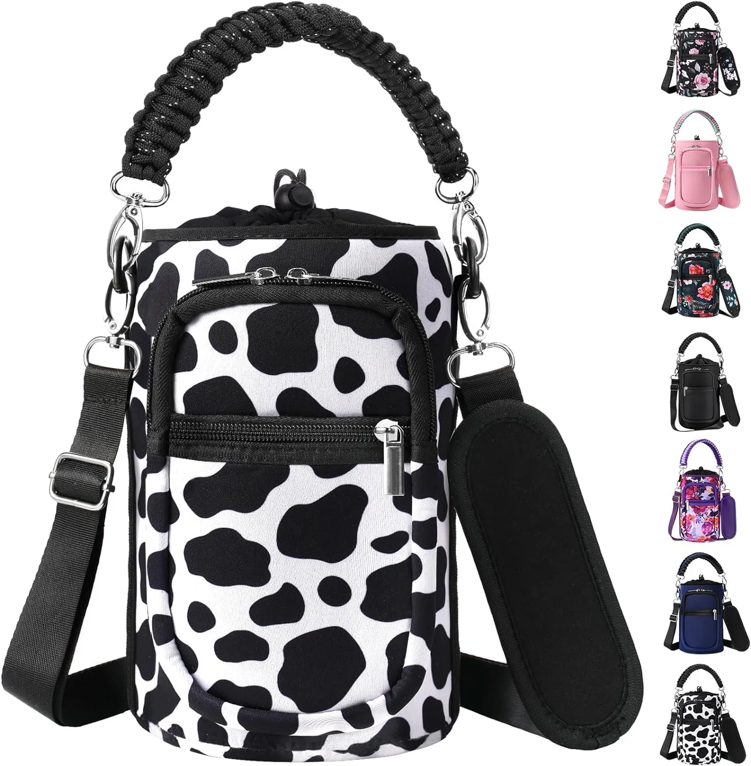 32/40/64/128 oz Neoprene Insulated Water Bottle Carrier Bag, Sling Bag Sleeve Pouch Holder with Strap & Paracord Handle and 2 Pocket for Travelling, Hiking, Camping