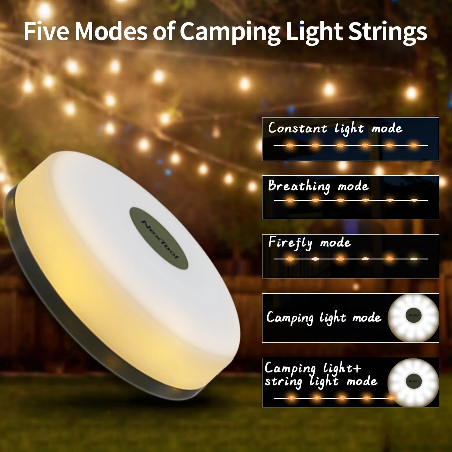 32.8ft Camping Lights String, 5 LED Lights, Waterproof, USB Charging, Indoor/Outdoor, Modern White Green, Perfect for Camping, Yard, Hiking, and Emergencies