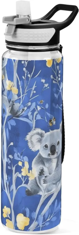 32oz Art Koala Royal Blue Water Bottle with Carry Strap Tritan BPA Free non toxic Jugs for Drinking for Running Collapsible