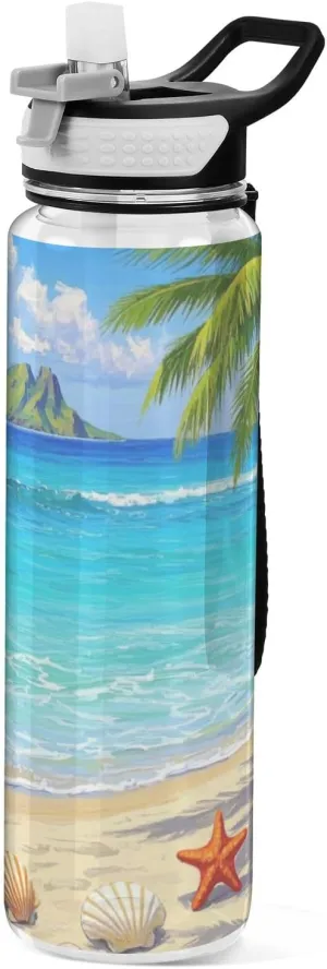 32oz Beach Scenery Starfish Shells Coconut Trees Water Bottle Spout Lid Tritan In BPA Free non toxic Water Jugs for Drinking for Camping Collapsible