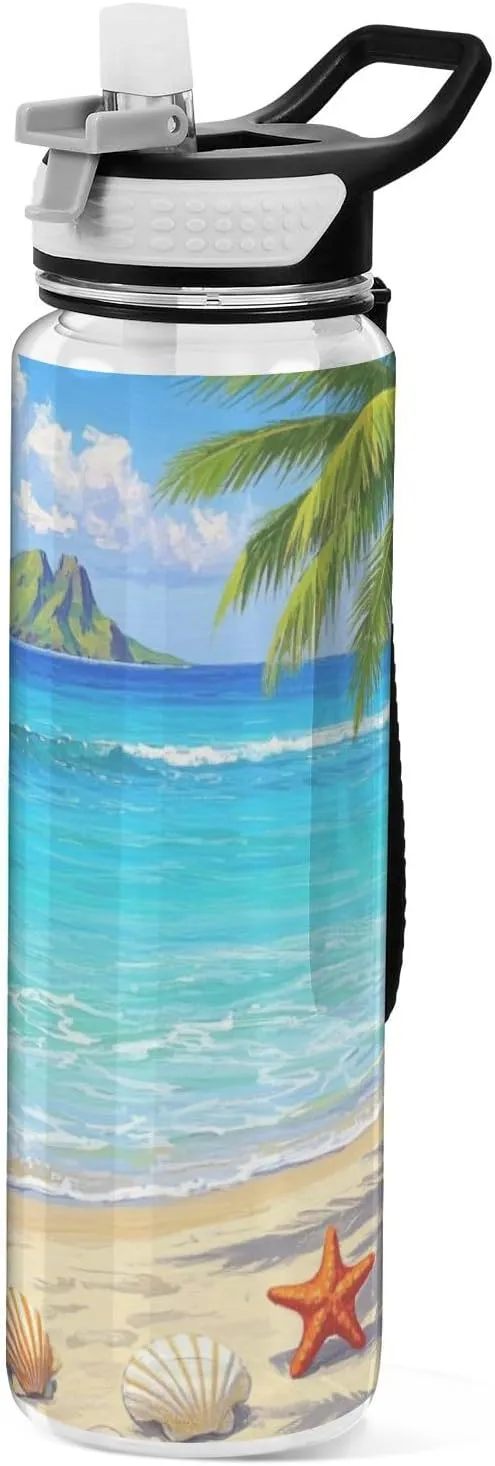32oz Beach Scenery Starfish Shells Coconut Trees Water Bottle Spout Lid Tritan In BPA Free non toxic Water Jugs for Drinking for Camping Collapsible