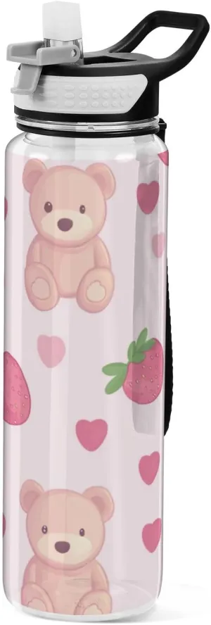 32oz Cartoon Cute Red Strawberry Teddy Bear Modern Water Bottle Tritan No BPA non toxic Water Jug for Unique Collapsible