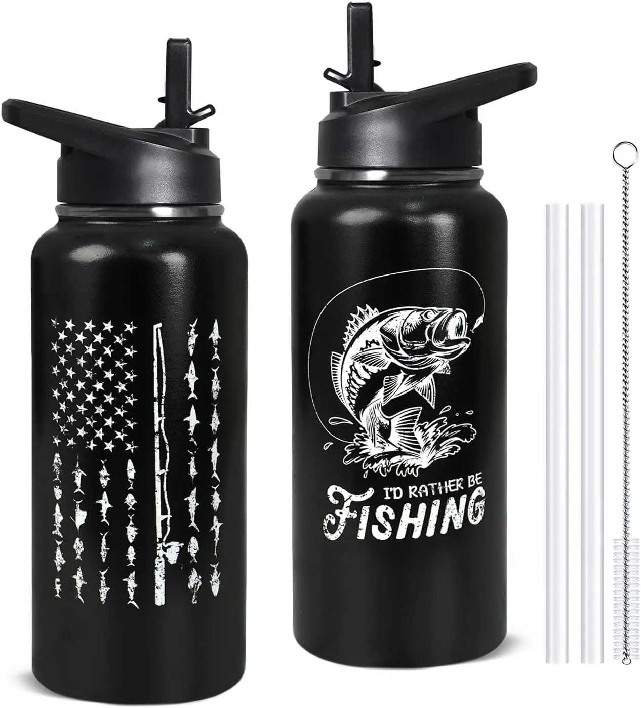 32oz Fishing Stainless Insulated Aater Water Bottle with Straw Gym Hiking Sports Coffee Mug Cup Water Bottles,Fishing Decor Stuff Accessories