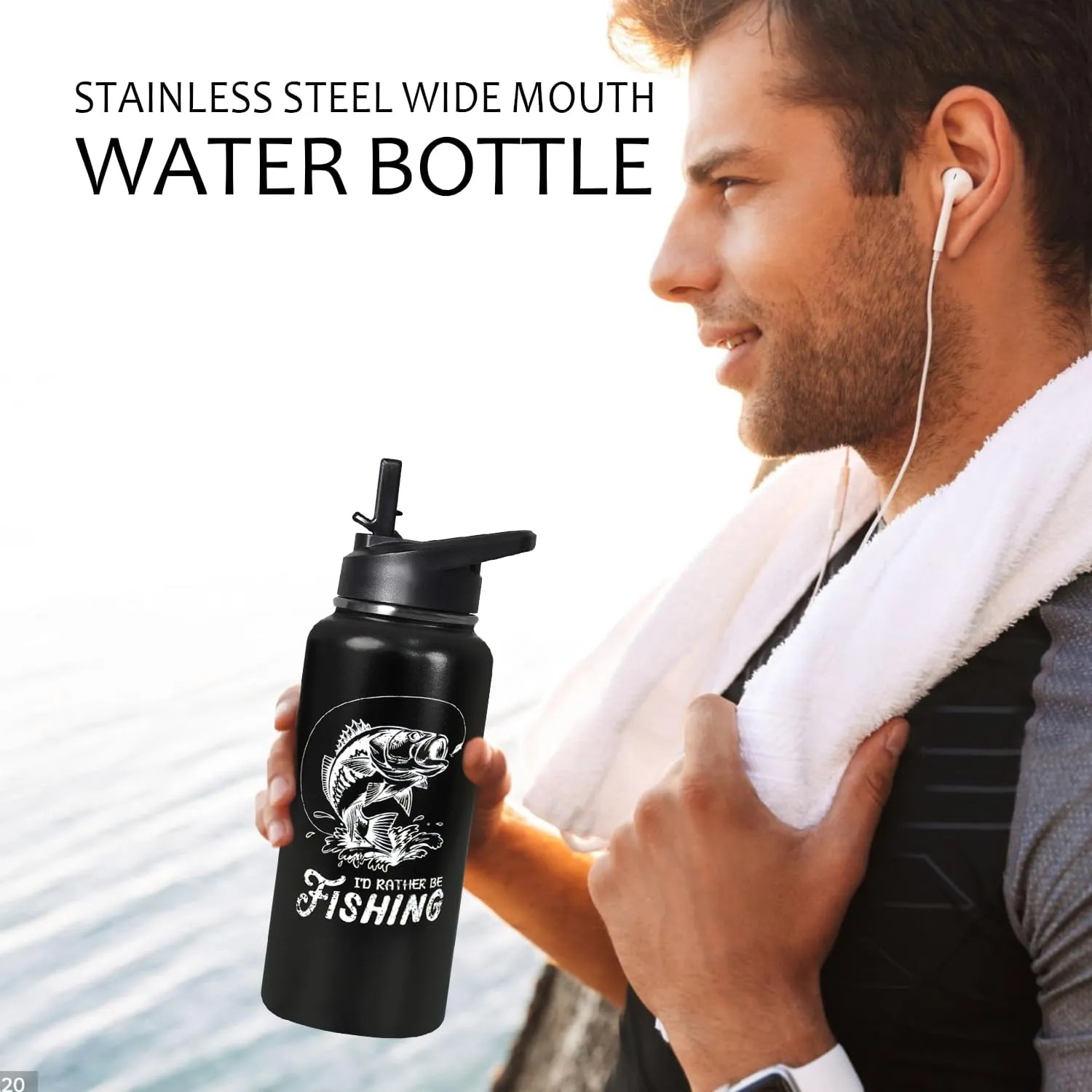 32oz Fishing Stainless Insulated Aater Water Bottle with Straw Gym Hiking Sports Coffee Mug Cup Water Bottles,Fishing Decor Stuff Accessories